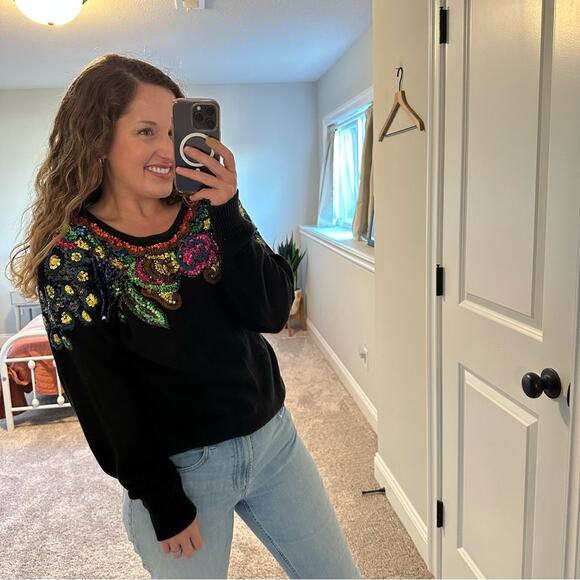 Vintage Lindsay Blake Black Sequin Sweater Medium - Picture 3 of 10